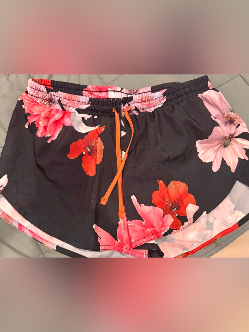 Old Navy Black Floral Athletic Drawstring Shorts with Orange Tie